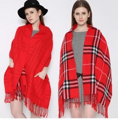 2019 Trendy Cashmere Plaid Scarf With Pocket