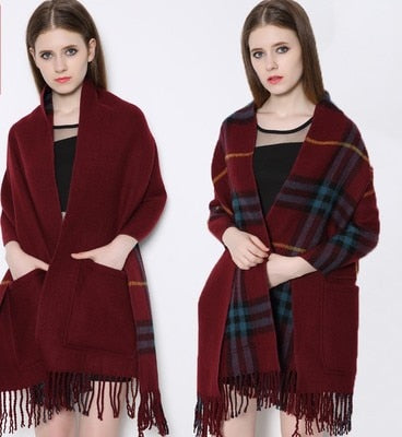 2019 Trendy Cashmere Plaid Scarf With Pocket