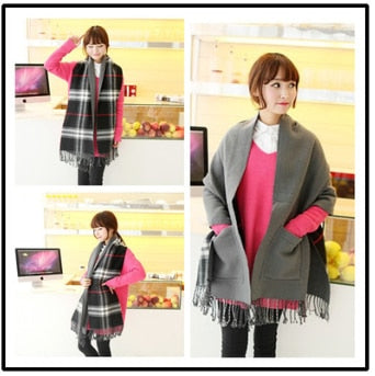 2019 Trendy Cashmere Plaid Scarf With Pocket